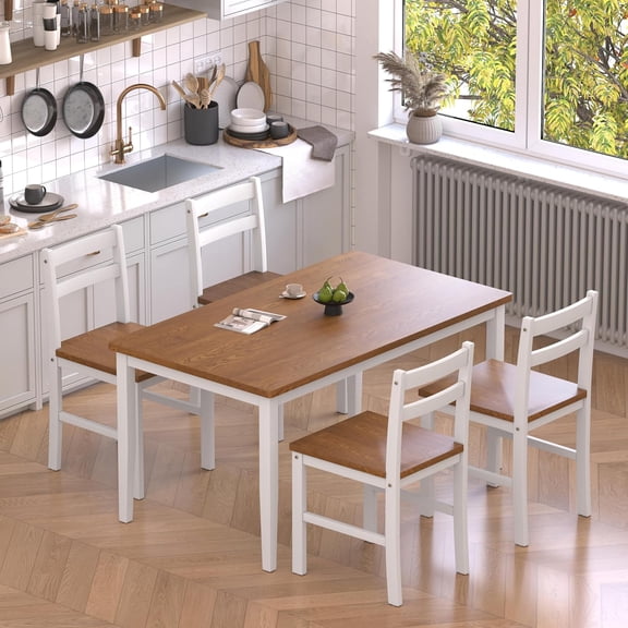 5 Piece Dining Table Set, Solid Wood Dining Table Set for 4, Farmhouse Table and 4 Chairs Set, 43.3'' Rectangular Kitchen Table Set for 4, Walnut & White