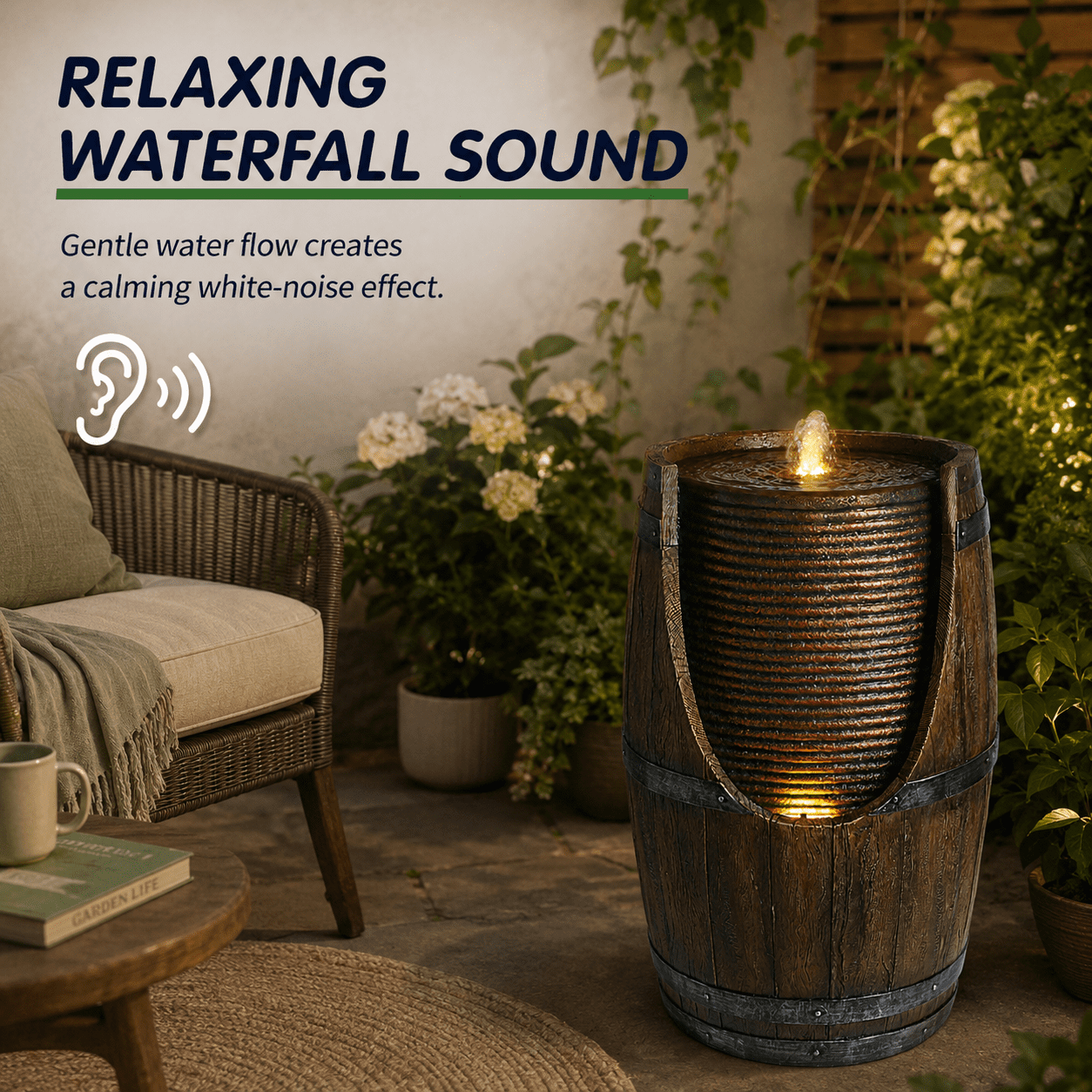 Aukfa Farmhouse Barrel Outdoor Water Fountain with LED Lights for Patio Garden Yard,Brown