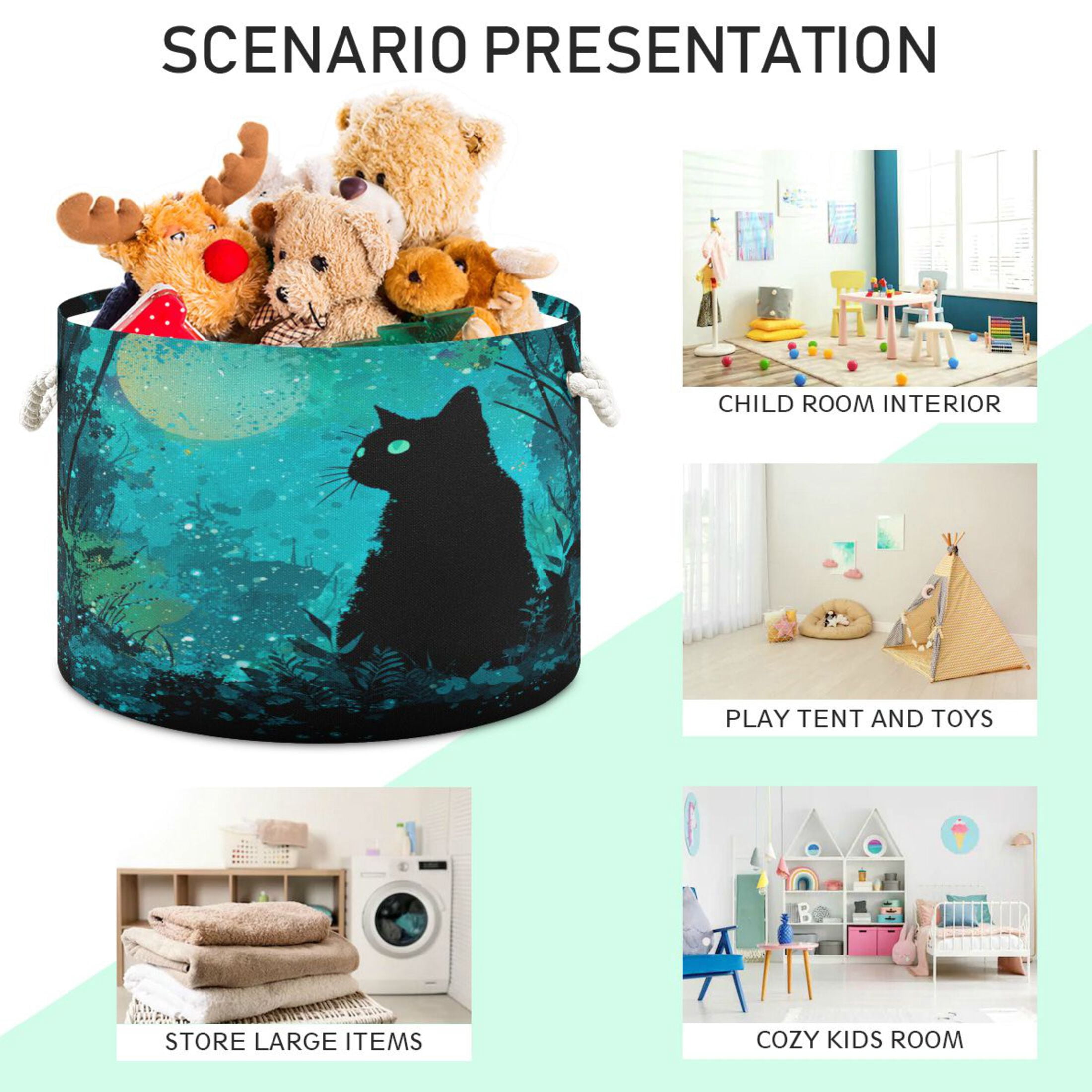 Round Toy Storage Basket Foldable Storage Basket for Home Decor Laundry Basket20" x 14" Magic Black Cat