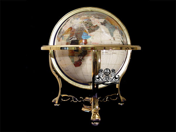 13" Tall Amber Pearl Copper Stand Gem Gemstone World Map Globe Globes Maps 