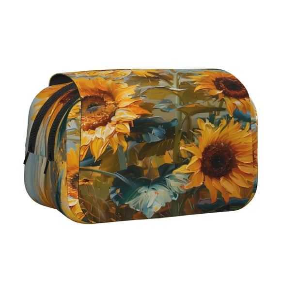 Kdxio Sunflower Field Art Print Pen Case Double Clamshell Durable Oxford Fabric Organizer for School Travel Art Supplies