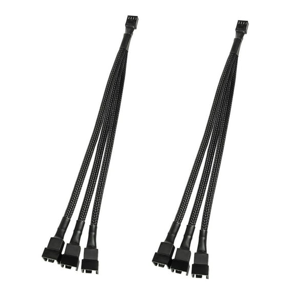 PwrON 2PCS 4Pin 1 to 3 Ways PWM Fan Splitter Cable Black Sleeved Fan Power Exion Cable 4Pin Female to 3X 4Pin Male