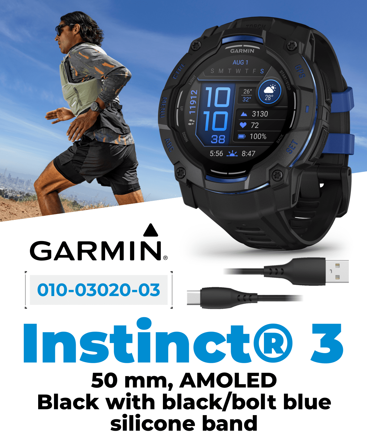 Garmin Instinct 3 Rugged Outdoor GPS Smartwatch – 50mm AMOLED, Supernova Collection, Health & Fitness Tracking, Multi-Band GPS, LED Flashlight, Black/Bolt Blue w/ Wearable4U PowerBank Bundle