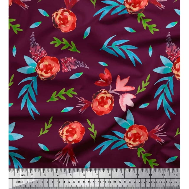 Soimoi Moss Georgette Fabric Flower & Leaves Watercolor Print Sewing Fabric Yard 42 Inch Wide