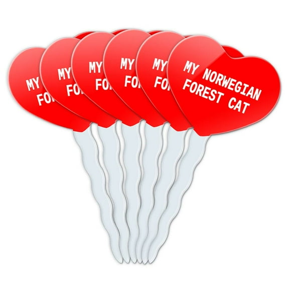 Norwegian Forest Cat Heart Love Cupcake Picks Toppers - Set of 6