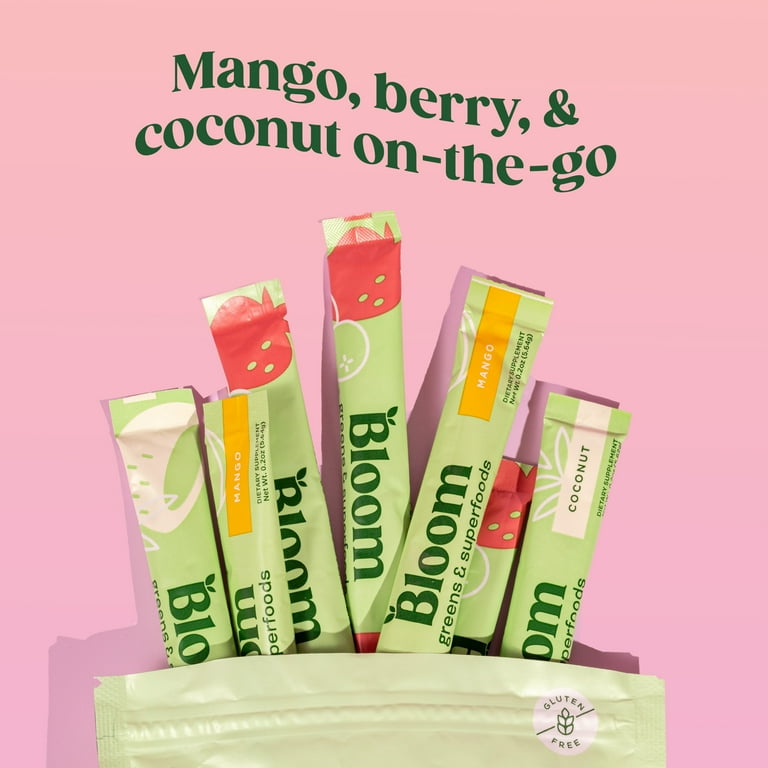 Bloom Nutrition Greens & Superfoods Powder Sticks, for Gut Health, Mango, Berry, and Coconut Flavor, 12 Count - Walmart.com