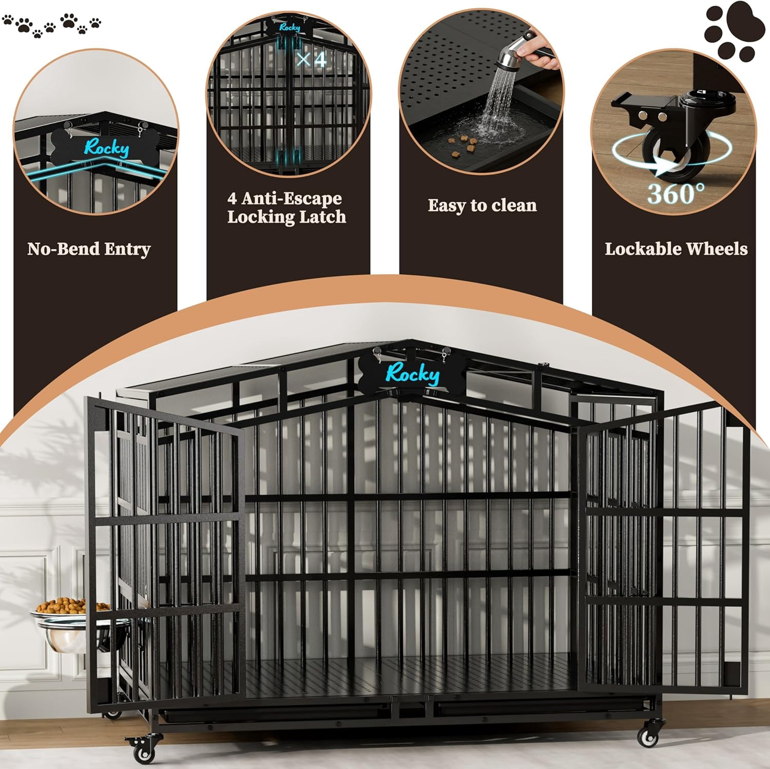 POAO 48"Heavy Duty Indestructible Dog Crate, Extra Large Metal Dog Kennel with 2 Adjustable Bowls, Open Top & Lockable Wheels, Escape Proof Indoor Cage for High Anxiety Big XL Dogs