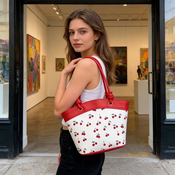 AOMRCOL Cherry Purse Fruit Printed Bucket Tote Shoulder Bag, Cherry Leather Tote Bag, Cute Y2K Shoulder Purse for Women, Red Designer Handbag with Top Handle, Fruit Print Clutch Satchel