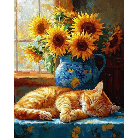 5D DIY Diamond Painting Kit (Adults) - "Cat and Flower" Beginner Diamond Art Kit, Full Circle Diamond Crafts, Home Wall Decor Gift