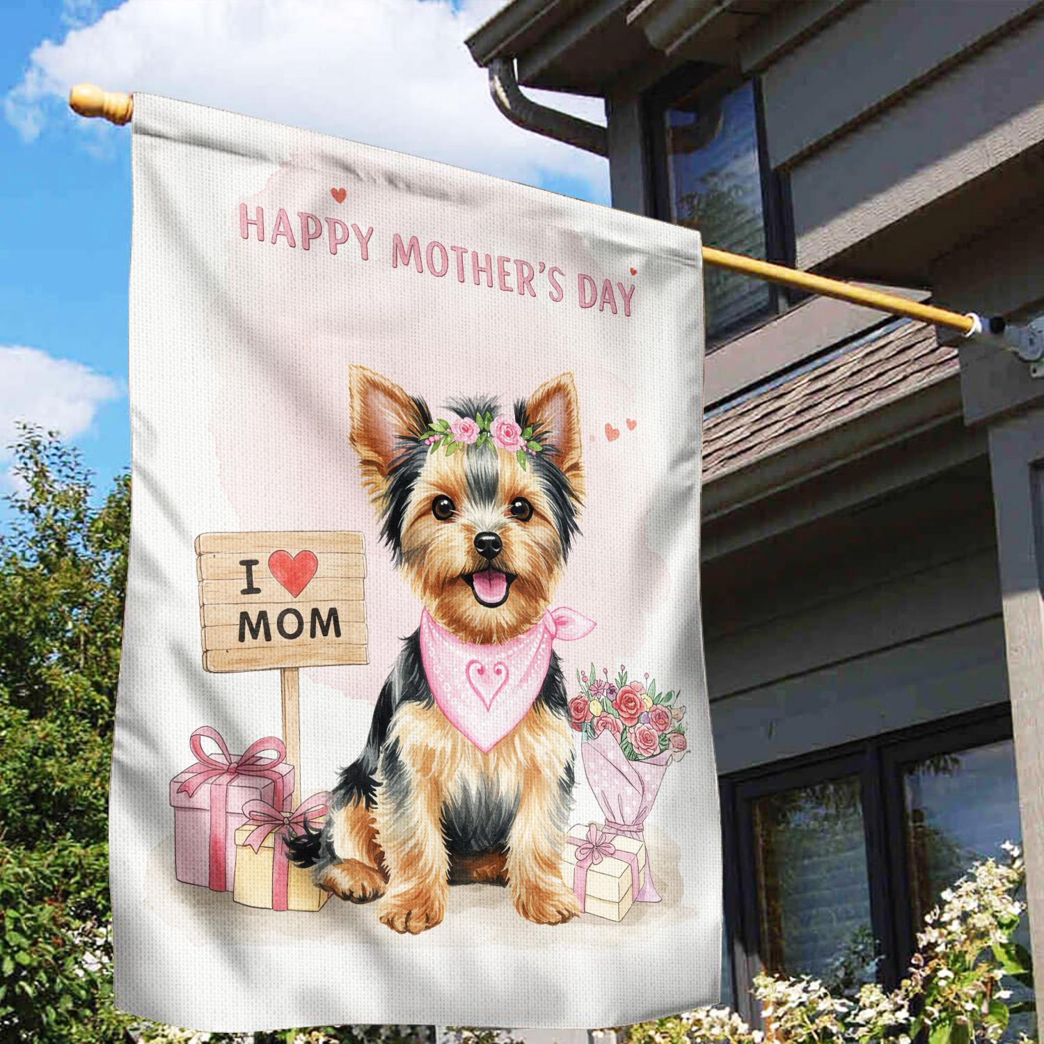 Happy Mother's Day Yorkshire Terrier Love Dog Mom Heart Flower House Flag 28x40in Double Sided Yorkie Dog Lover Gifts Outdoor Decor - 12004