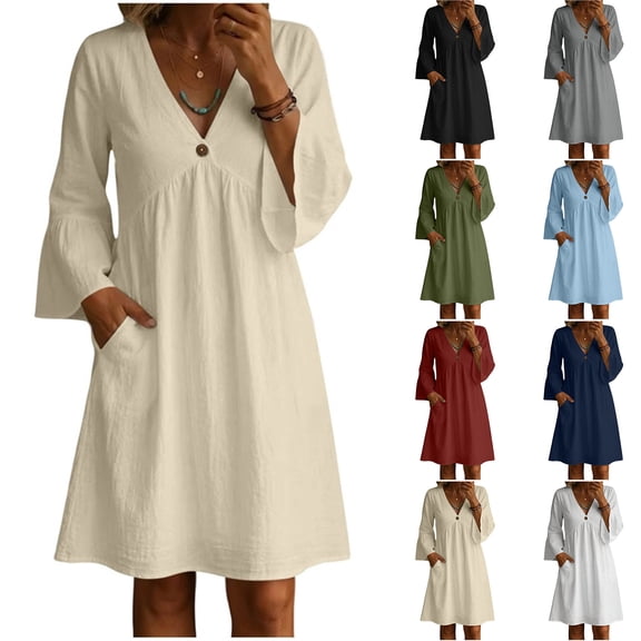 Tqcoqu Cotton Linen Dresses for Women,Elegant V Neck Flare 3/4 Sleeves Dresses Fashion Pleated Flowy Summer Sundress,Beige Women's S-XXL