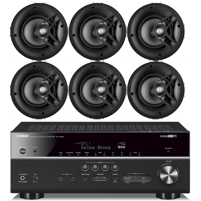Yamaha 7.2-Channel Wireless Bluetooth 4K Network A/V Wi-Fi Home Theater Receiver + Polk 8" 2 Way High-Performance Natural Surround Sound In-Ceiling Speaker System (Set Of 6)