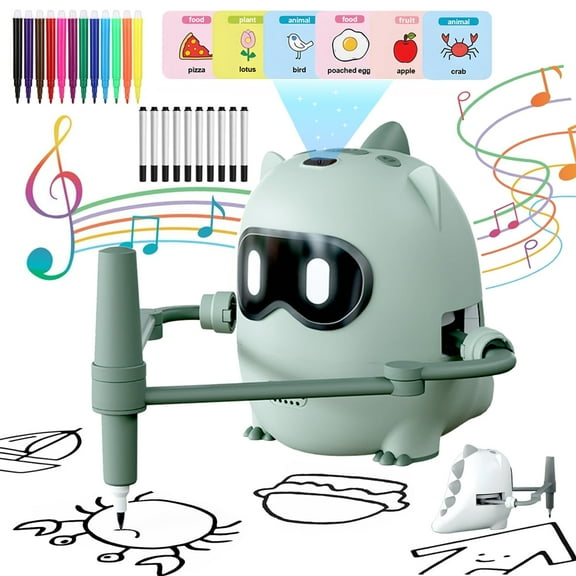 Drawing Robot for Kids, Interactive Learning Educational Robot Toys with 100 Word Cards, Painting Learning Toys for Kids Birthday Christmas Gift, Green Dinosaur Toys