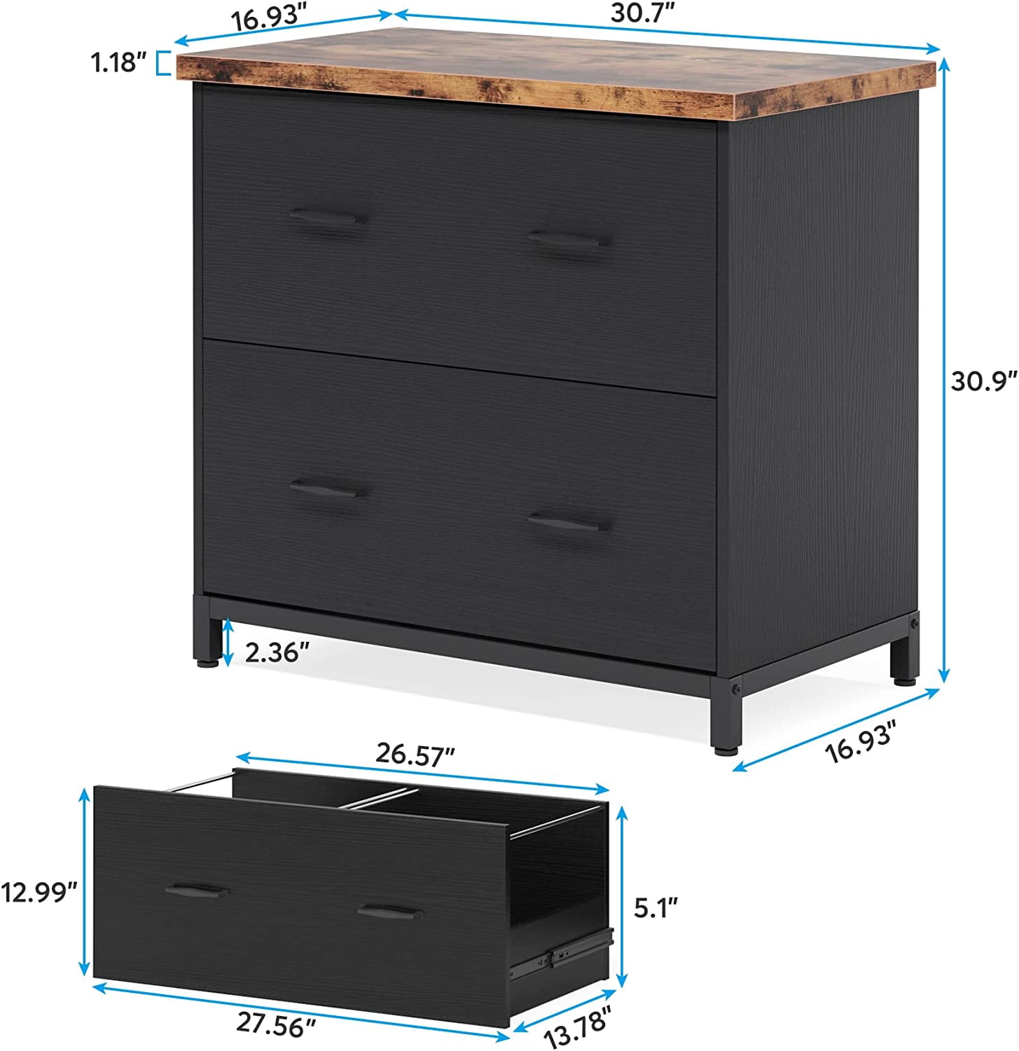 Tribesigns 2-Drawer Lateral File Cabinet 30.7"L x 16.93"W x 30.9"H, Rustic Brown and Black