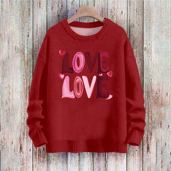 ClodeEU Women's Valentine's Day Love Print Sweater ,Long Sleeve Round Neck Loose Knit Tops Red,Womens Plus L