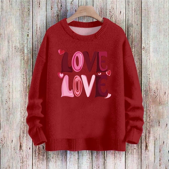 Kctiaxy Red Sweaters for Women Valentines Day Long Sleeve PulLover Knit Tops Winter Fasion Casual Round Neck Love Heart Graphic Sweaters L