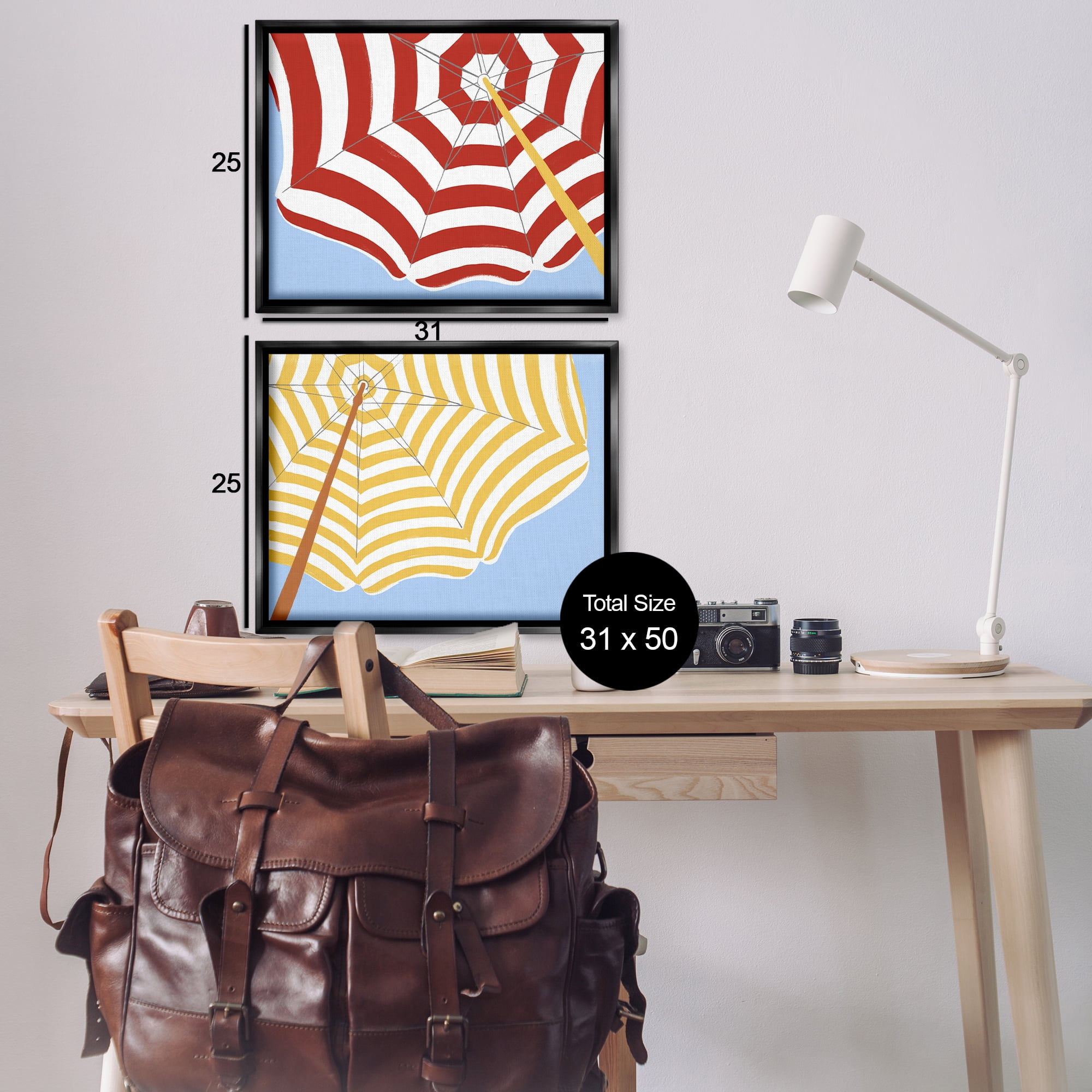 Stupell Industries Striped Beach Umbrella Nautical & Beach Painting Black Floater Framed Canvas Art Print Wall Art, 31 x 25, Set of 2