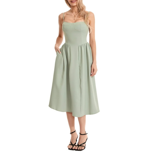 Vestido midi casual de verano para mujer, sin mangas, sin espalda, vestido de una línea de moda con bolsillos laterales de corte bajo,Green,M