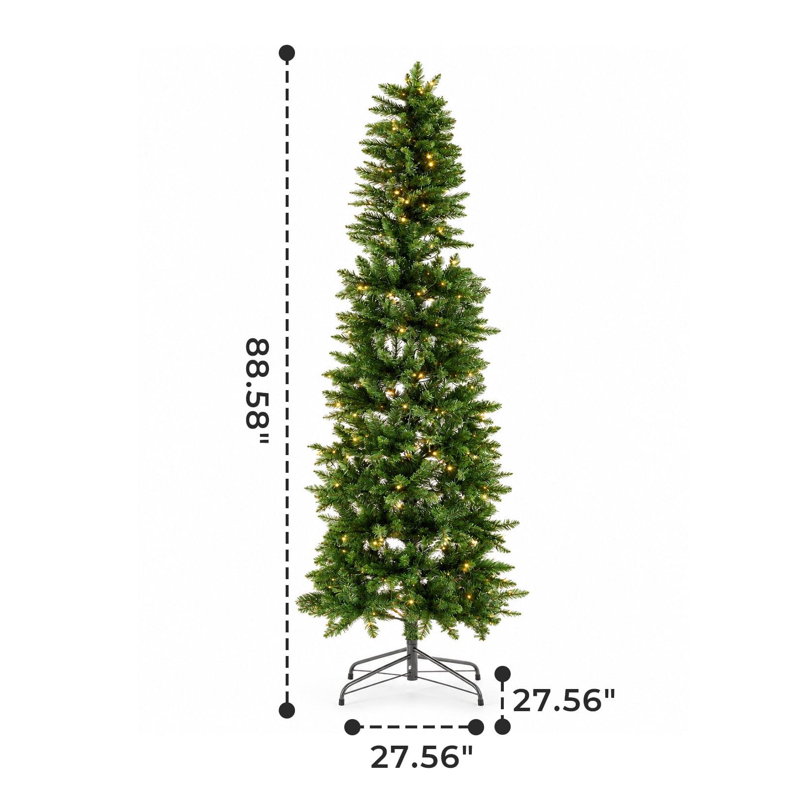 Alvantor Prelit Pencil Christmas Tree, 350 Warm White LEDs, Metal Stand, Small Spaces, Green 7.5FT