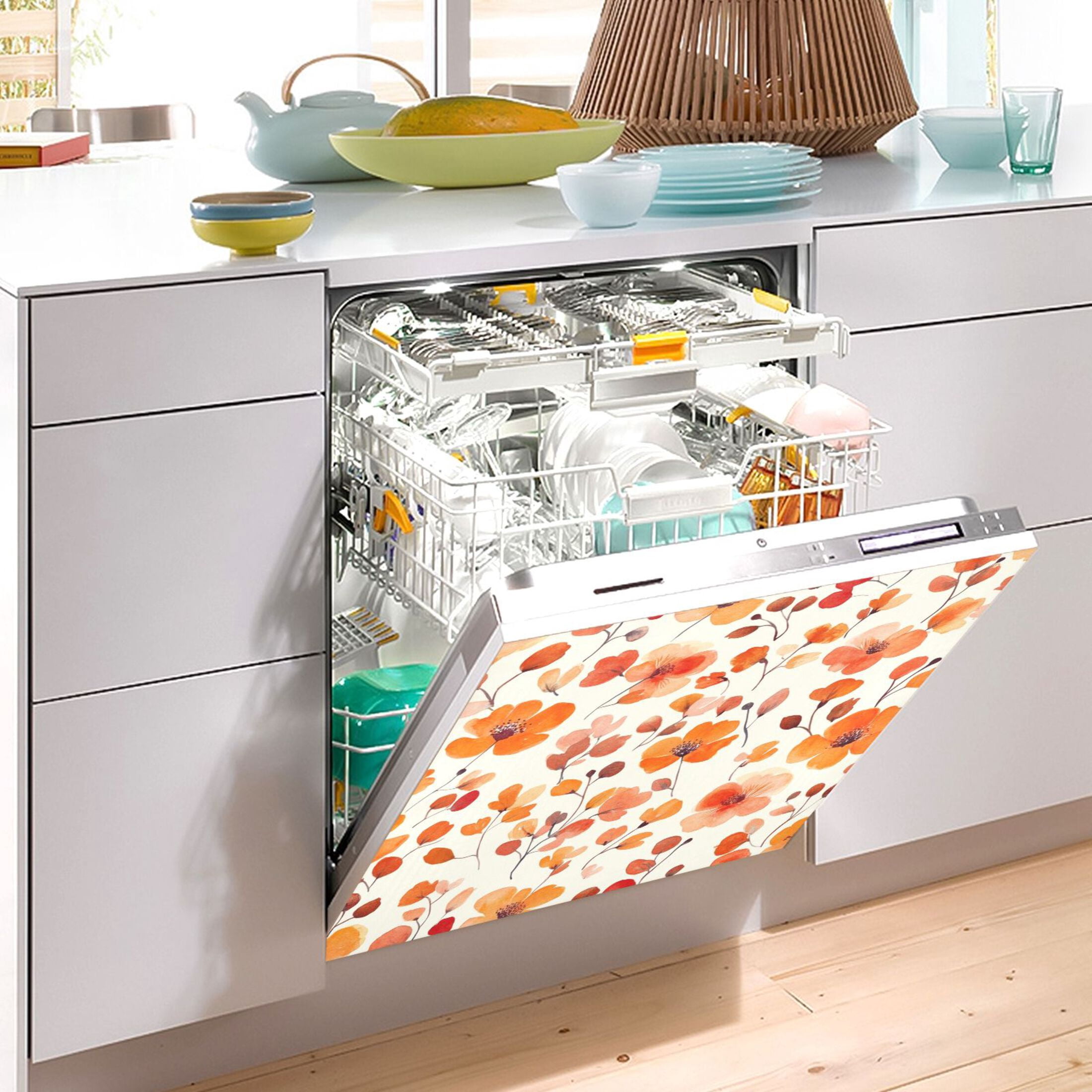 Dishwasher Magnetic Sticker 23x26 Inch Refrigerator Magnetic Sticker Washing Machine Magnetic Sticker Kitchen Panel Magnetic Sticker Home Decor Cartoon Orange Flowers