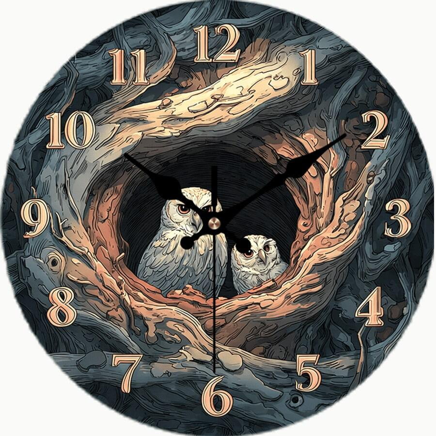 Two Owls in Tree Hollow Round Wall Clock, Silent Non‑Ticking Forest Wildlife Decor Wall Clock, Vintage Woodland Animal Art Clock for Living Room Cabin