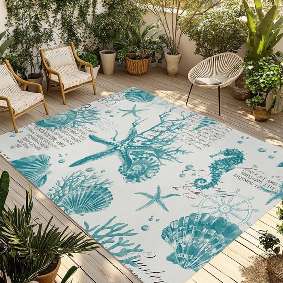 Fsddascl Turquoise Coastal Coral Outdoor Rug for Patio/Deck/Porch, Non-Slip Large Area Rug 5 x 8 Ft, Nautical Starfish Seahorse Indoor Outdoor Rugs Washable Area Rugs, Reversible Camping Rug Carpet