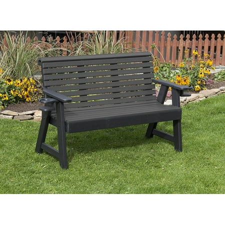 - Outdoor Garden Lawn Exterior Black Finish 4Ft-Poly Lumber Roll Back Everlasting Amish Crafted Porch Bench With Cupholder Arms