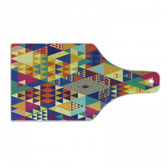 Colorful Cutting Board, Random Triangles Vibrant Composition Geometrical Modern Design, Decorative Tempered Glass Cutting and Serving Board, Wine Bottle Shape, Multicolor, by Ambesonne