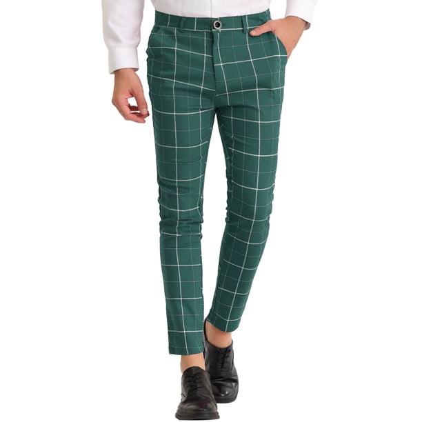 INSPIRE CHIC Pantalones de vestir de cuadros para hombre, corte slim fit, frente plano, negocios, talla 38, verde