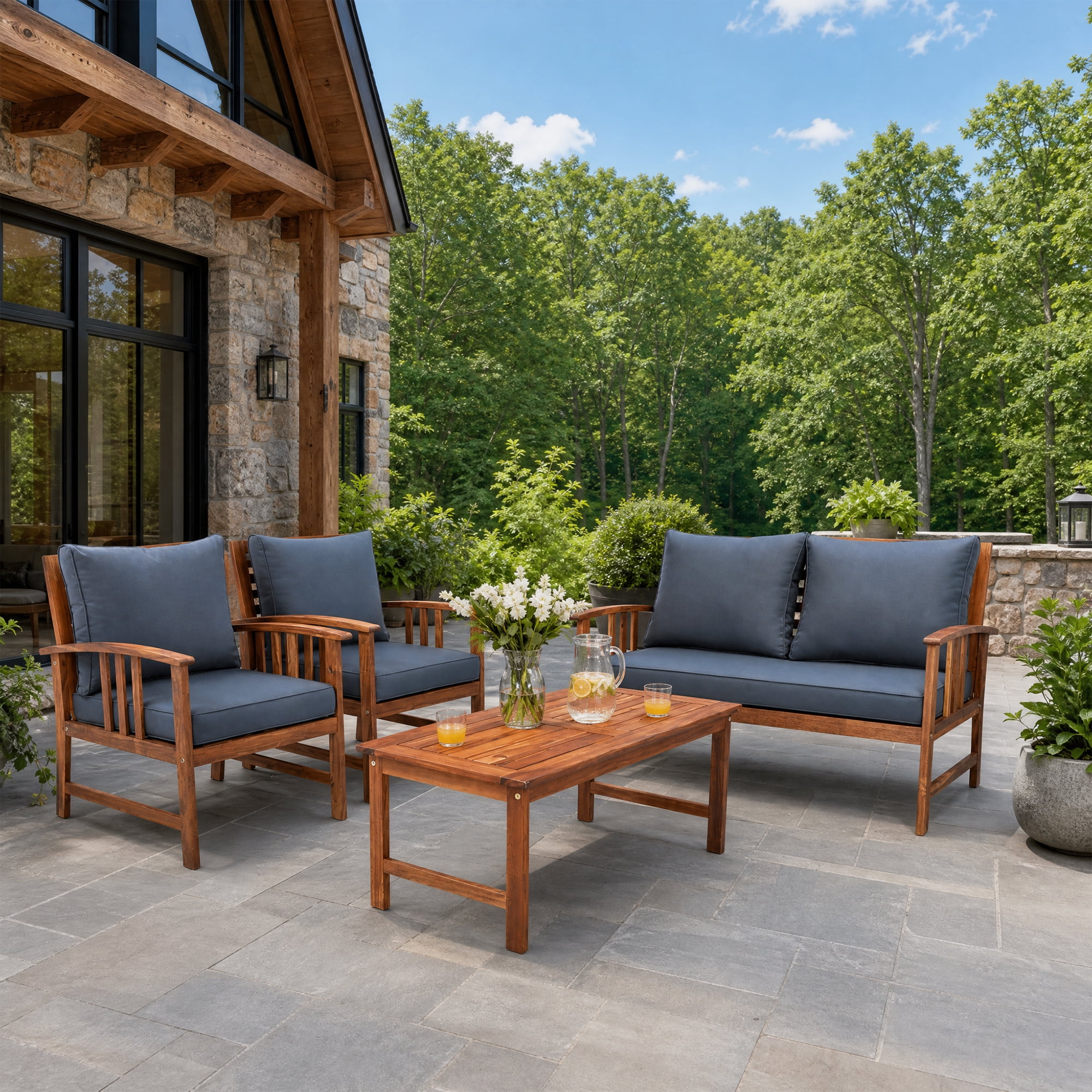 ANGELES HOME 4 PCS Outdoor Acacia Wood Sofa Furniture Set Cushioned Chair Coffee Table Garden, Gray