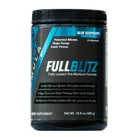 FULLBLITZ by Build Fast Formula | Fully Loaded Pre Workout | Energy Booster plus Nootropic Blend | Nitric Oxide Boosting Supplement for Increased Energy, Focus, and Muscle Pump (Blue Raspberry)