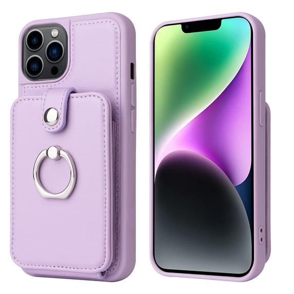 ELEHOLD Wallet Case for iPhone 13 Pro Max 6.7" with Organ Card Slots Holders Rotatable Finger Ring Holder Stand Function Premium Leather Shockproof Purse Case,Purple
