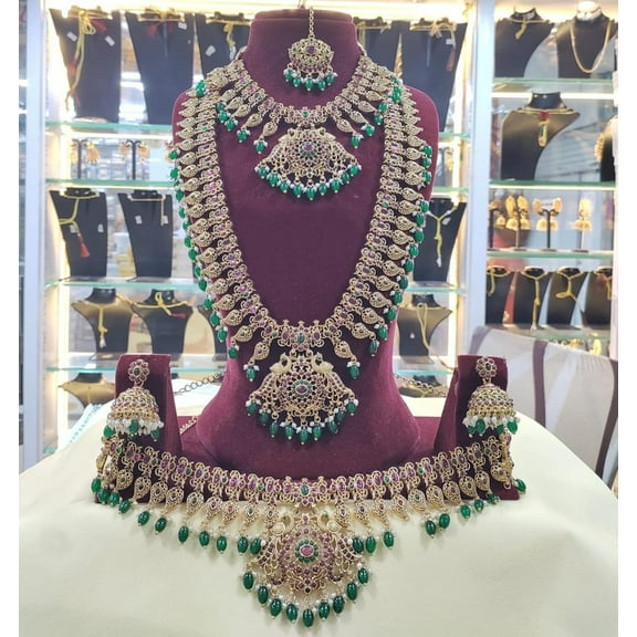 Bridal Kundan Jewelry Set – Choker, Long Necklace, Earrings & Maang Tikka – Green Beads Indian Wedding Jewelry