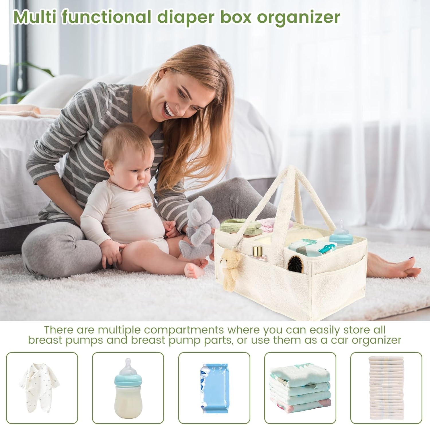 Nappy Caddy Organizer for Baby Changing Table, Portable Diaper Caddy With Removable Dividers/Handle, Newborn Essentials, Nursery Wipes Storage Bag, Gift for Mum, Baby Shower