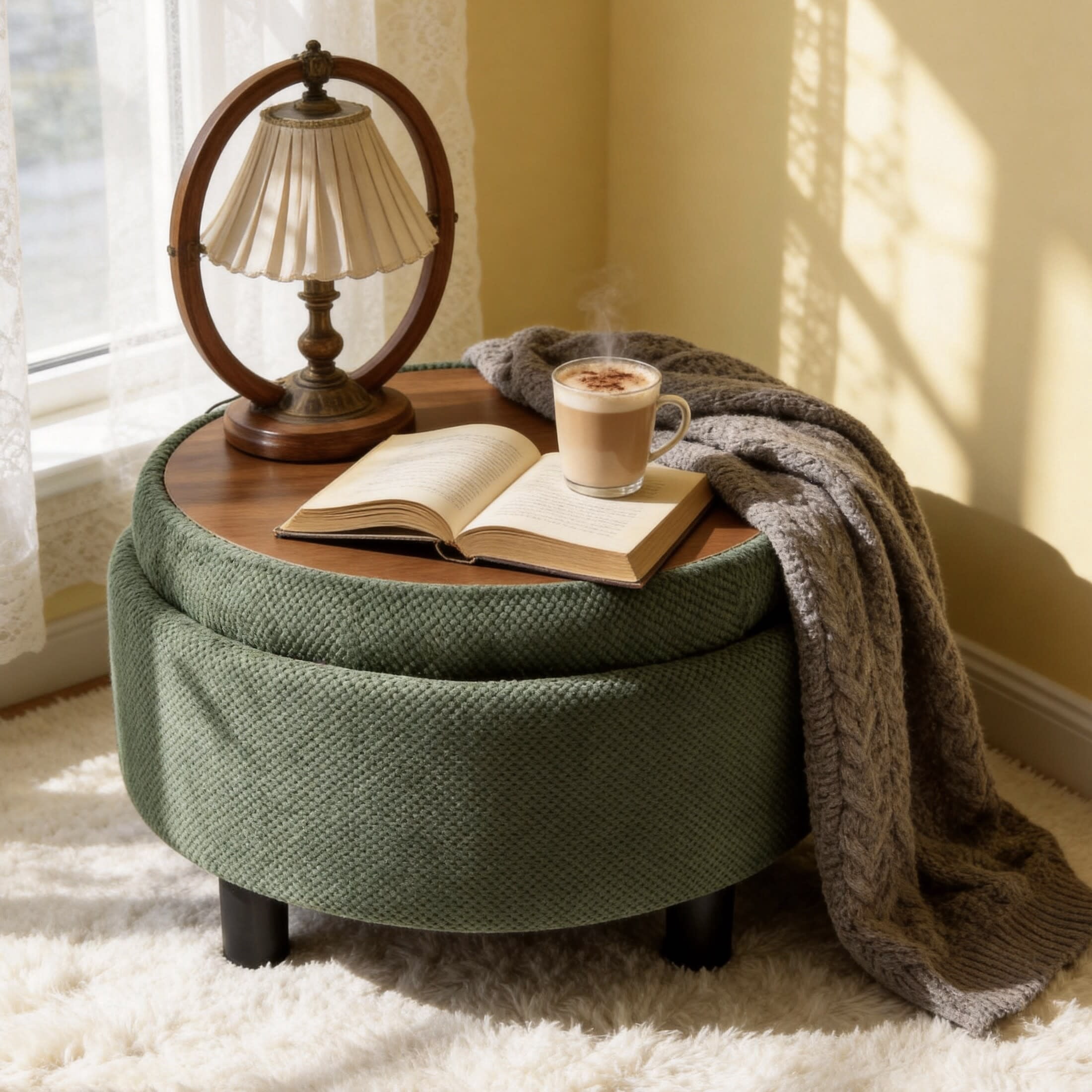 Noble House 25" Round Storage Ottoman with Removable Tray Top, Upholstered Coffee Table, Dark Green