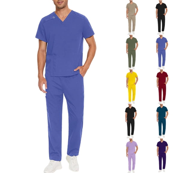 Scrubs for Men Set - V-Neck Scrub Top and Cargo Pants - Pockets Men Scrubs Set