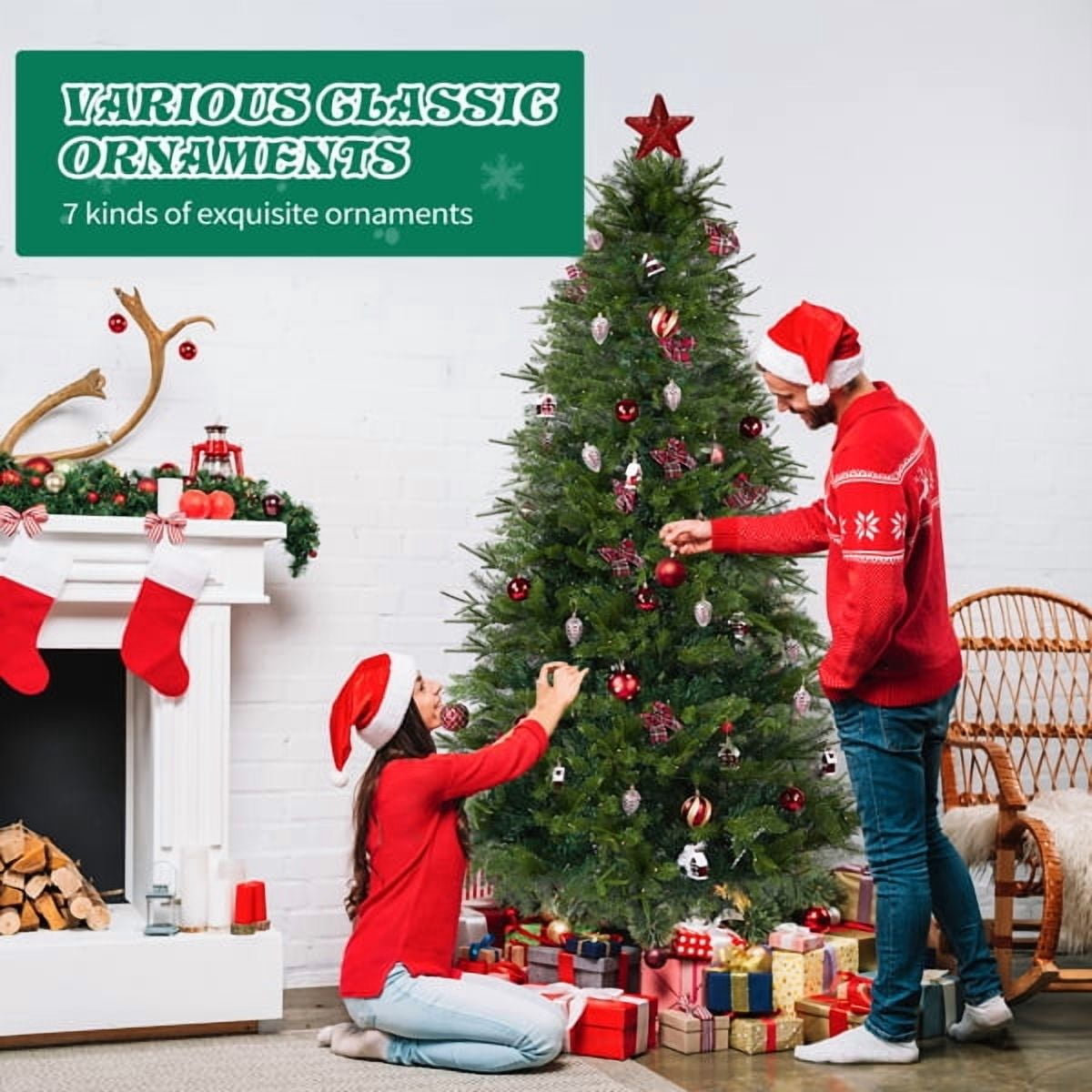 Alvantor 7.5 ft Green Artificial Christmas Tree with 400 Warm White LEDs, 8 Modes, Remote, 950 PE and PVC Tips, Red Decor and Tree Skirt