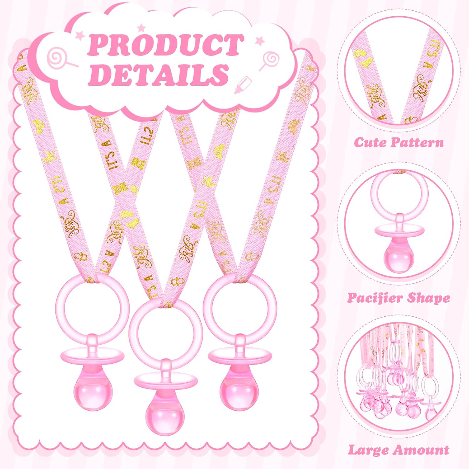 60 Pieces Baby Shower Pacifiers Necklace Acrylic Pacifiers Necklace Charm for Baby Shower Party Favors Decorations, Women Style(Pink, Gold)