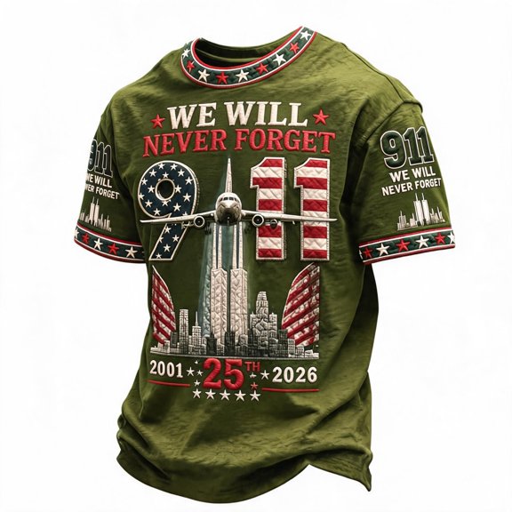 Never Forget 911 Patriotic Tee for Men with 25th Anniversary Print and Cotton Fabric Featuring 9/11 Memorial Shirts for Remembrance Ceremonies Church Services Community Events Army Green L