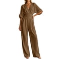 thumbnail image 3 of HAIJIE Women’s Wrap V-Neck Jumpsuit, Cuffed 3/4 Sleeves, Waist Cinched, Wide Leg, Assorted Solid Colors (Brown,L), 3 of 7