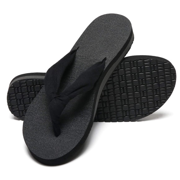 MAIITRIP Sandales de Plage pour Femmes Décontractées Tout Noir Épaisses Sandales à entre-Doigts pour Dames Confort Mode Tapis de Yoga Archies Assise Plantaire Sandales de Plage Larges Souples Coussinées Soutien de Voûte Plantaire Tissu Sangle Taille 8