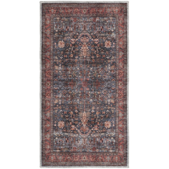 2' X 4' Blue and Red Oriental Power Loom Distressed Washable Non Skid Area Rug