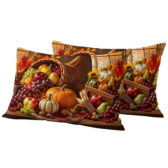 Fall Pumpkins Outdoor Waterproof Pillow Covers, Thanksgiving Harvest Country Fruits Maple Leaf Decorative Rectangle Throw Pillowcase Sofa Cushion Sham for Patio/Couch/Chair, 20"x12" 2 Pack