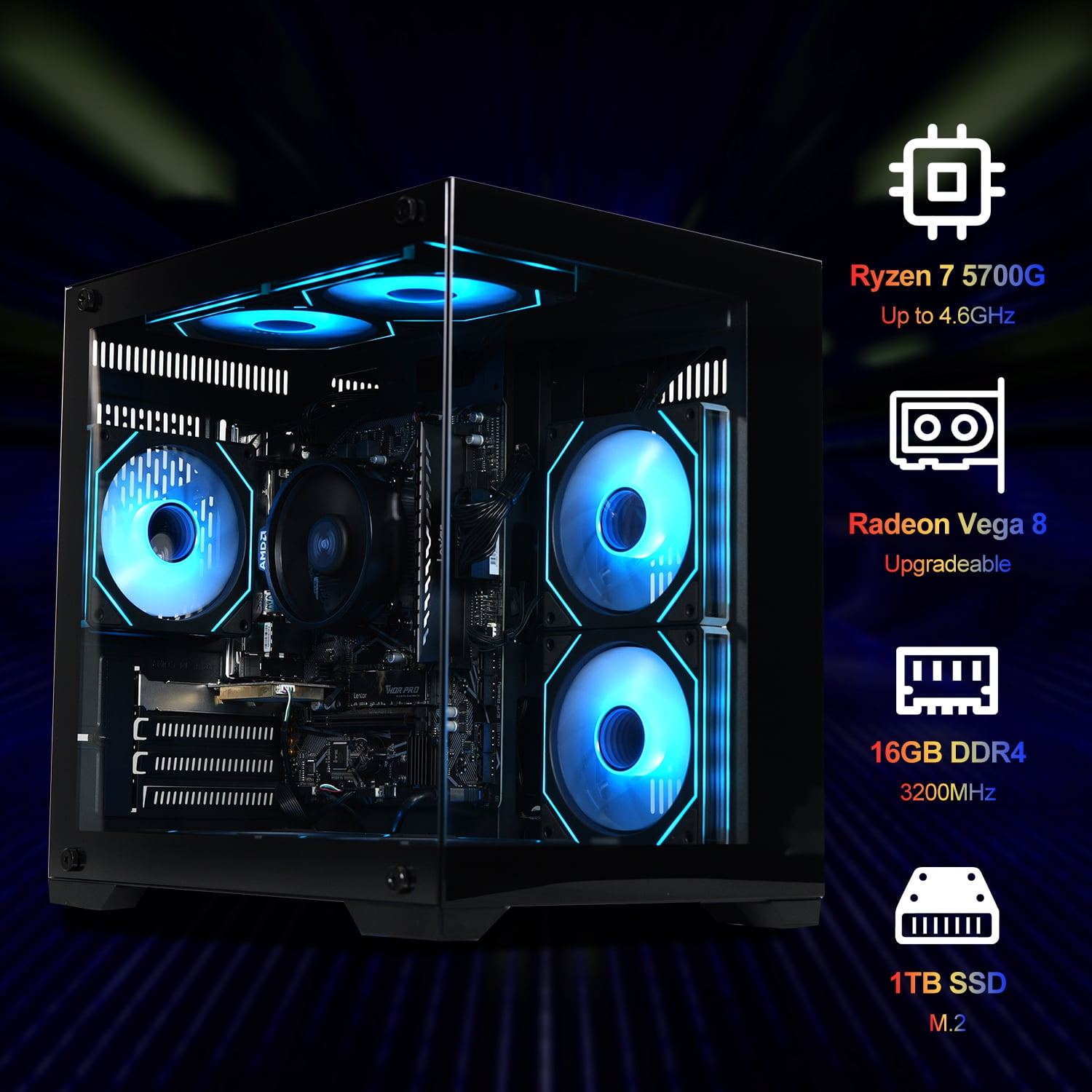 ICEWOLF Gaming PC, AMD Ryzen 7 5700G, 16GB RAM, 1TB SSD, Radeon