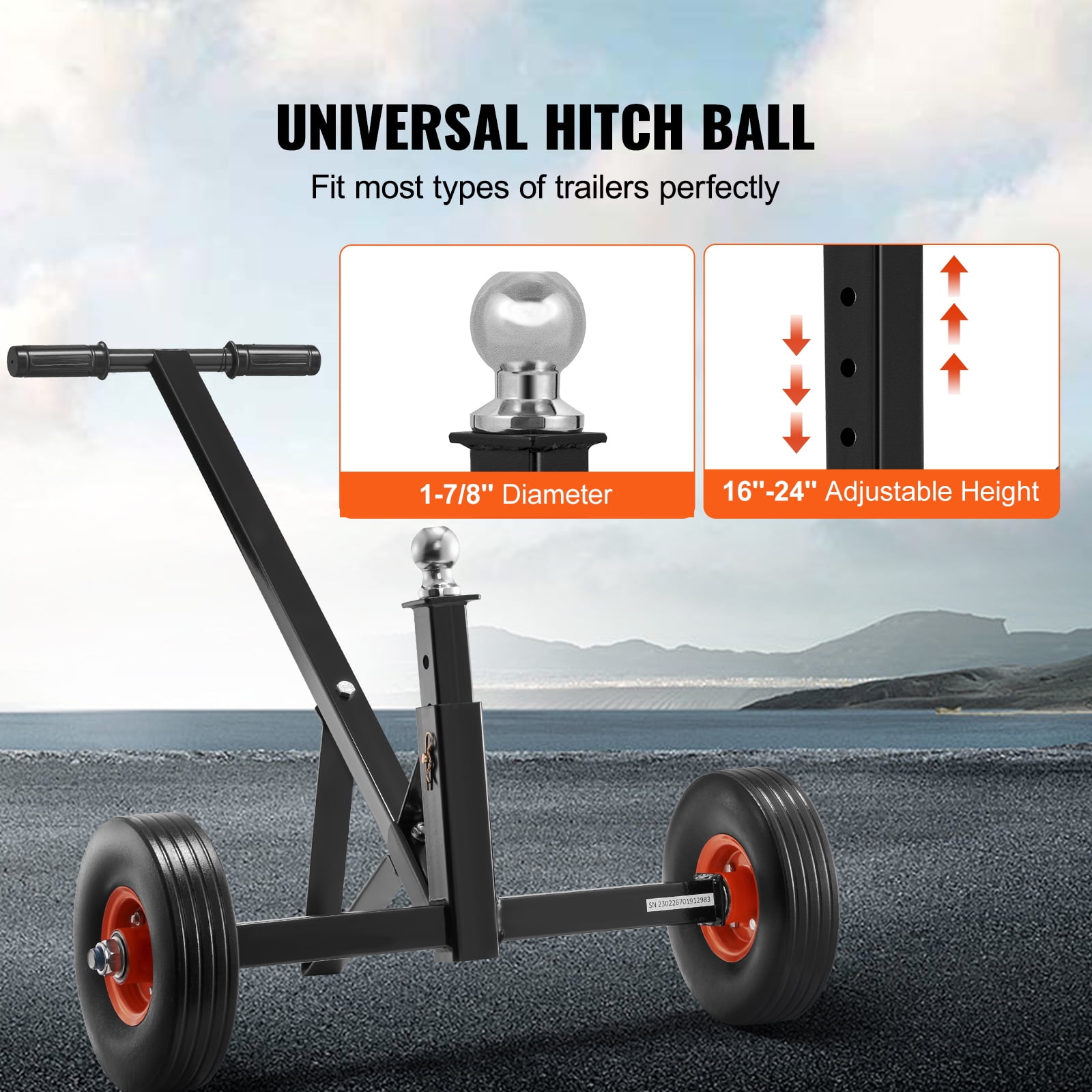 VEVOR Adjustable Trailer Dolly, 600lbs Tongue Weight Capacity, Carbon Steel Trailer Mover with 16''-24'' Adjustable Height, 1-7/8'' Hitch Ball & 10'' Solid Tires