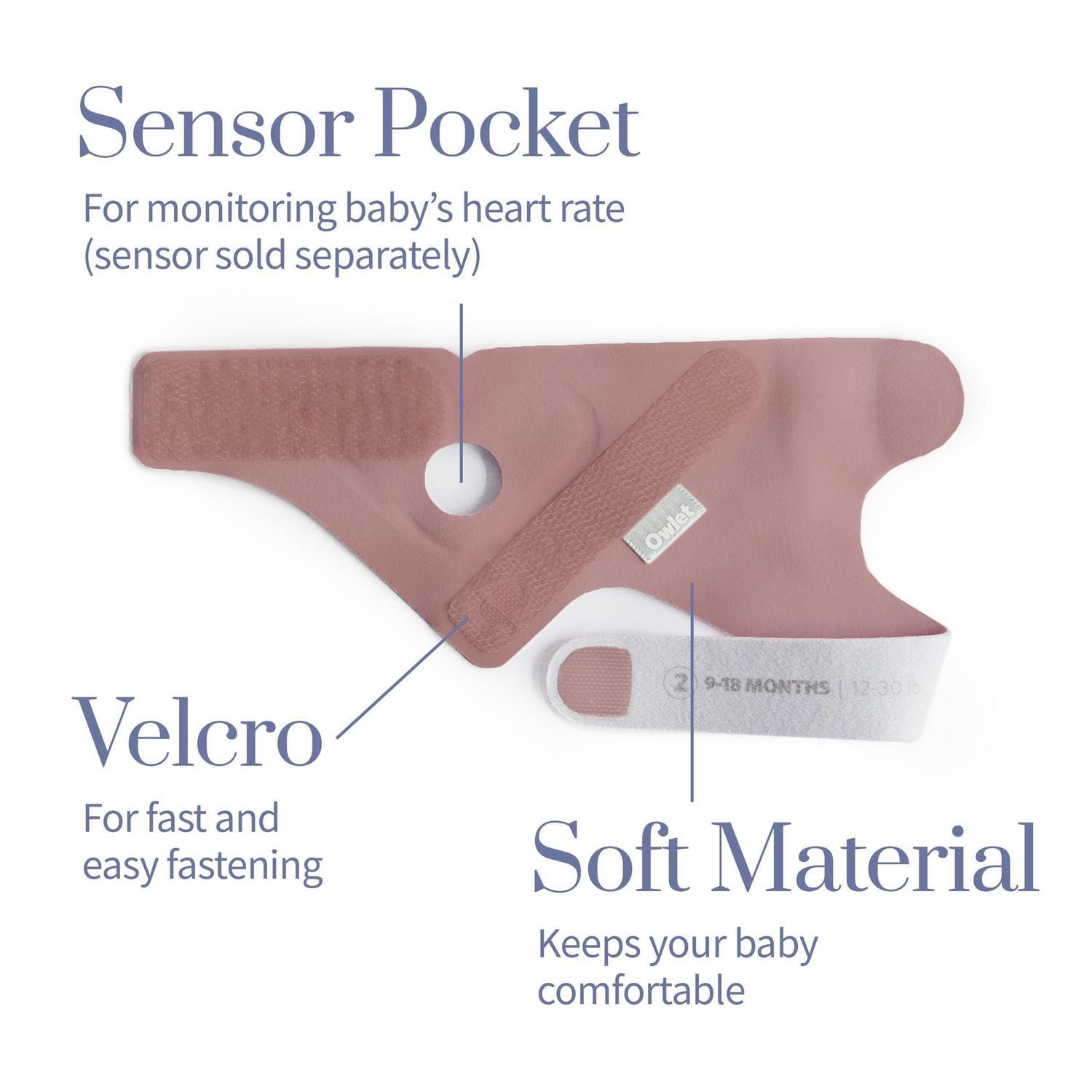Owlet Accessoire chaussette en tissu pour le moniteur bébé Smart Sock 3, convient aux bébés de 0 à 18 mois, Rose poudreuse (capteur et station de base non inclus)