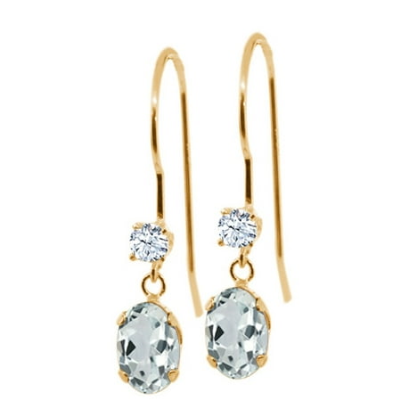 Blue Topaz 14k Gold Earrings - 1.02 Ct Oval Sky Blue Aquamarine White Topaz 14K Yellow Gold Earrings