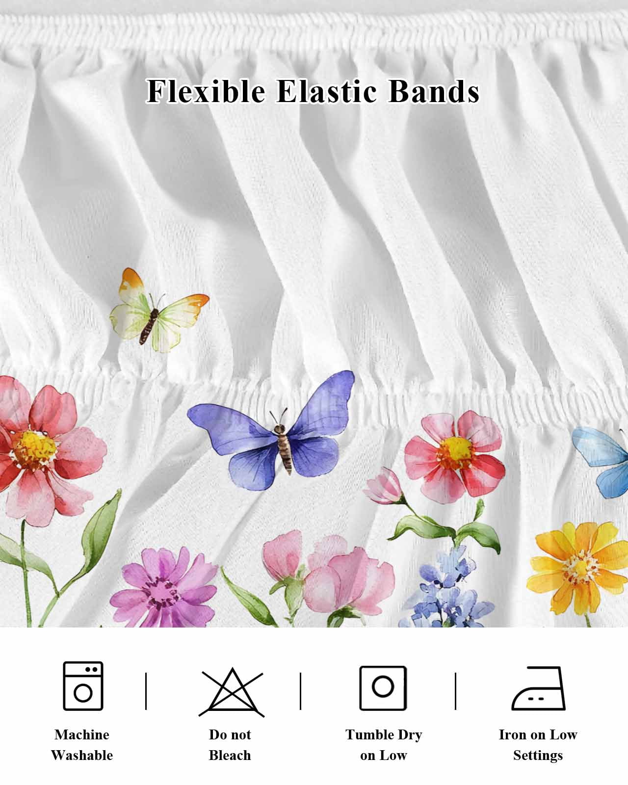 Purple Blue Pink Flower Bed Skirt Wildflower Butterfly Plant Bed Skirts Queen Size 16 Inch Drop, Wrap Around Dust Ruffle&nbsp;Bedskirt with Adjustable Elastic Belt for Queen Size Beds