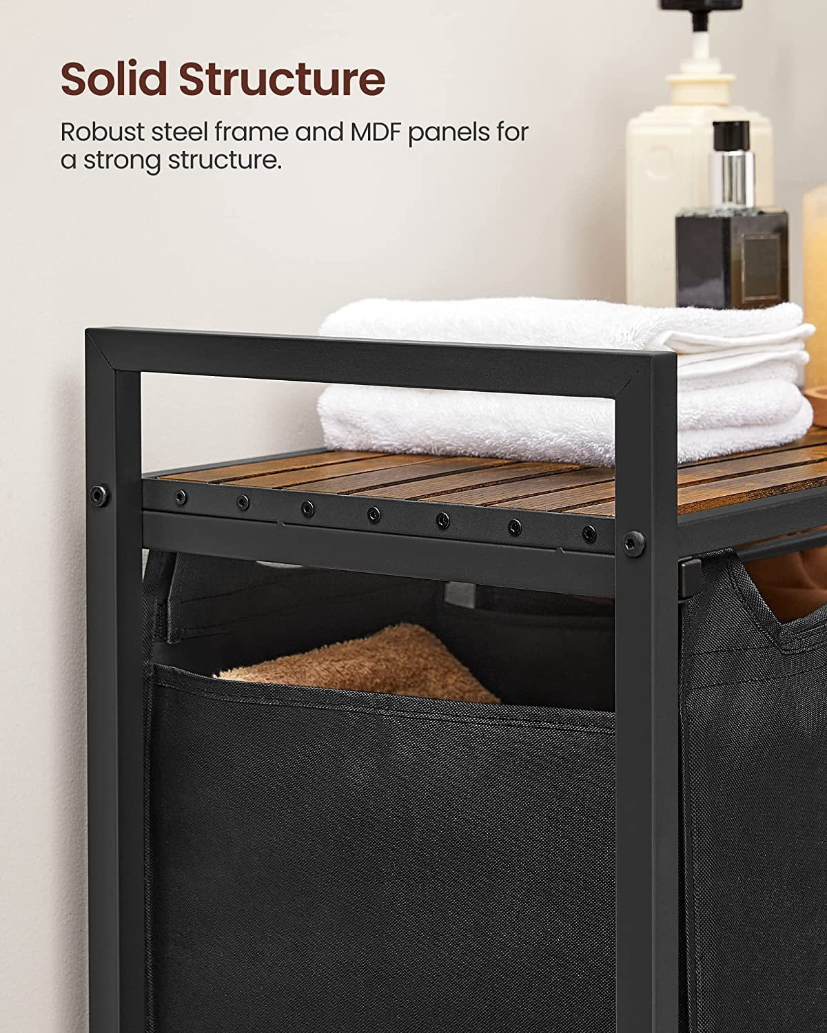 Laundry Hamper, 3 X 45L Laundry Bags & 2 Tier Adjustable Storage Shelf, Pull-Out and Removable Oxford Fabric Laundry Baskets, for Home/Hotel Black