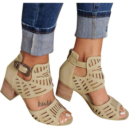 

Womens Open Toe Chunky Heeled Sandals Ankle Strap Buckle Zipper Summer Fashion Pumps Sandals Faux Suede Cutout Office Party Dress Booties